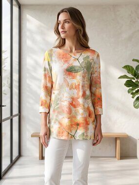 Chicos Abstract Floral Tunic Top Orange Green Knit Tropical Boho Fairy Size L 2